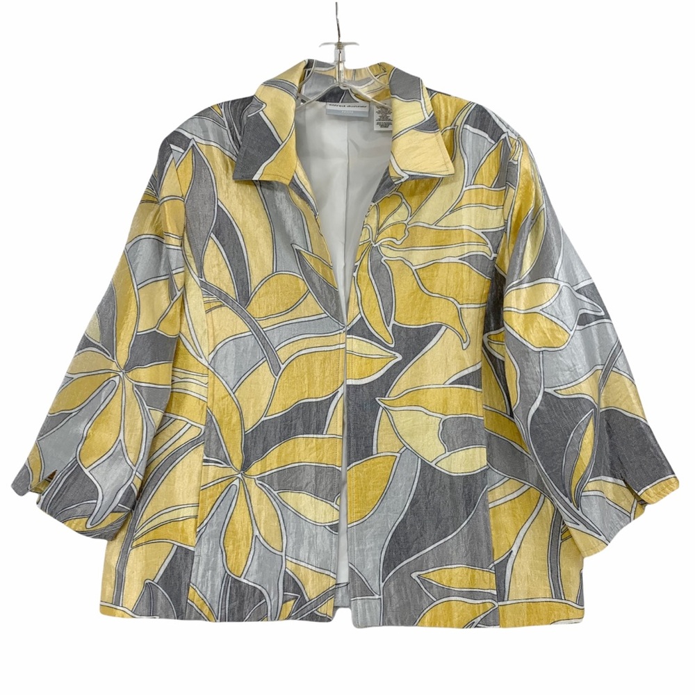 Mod Fashion Yellow and Grey Floral Open Front Blazer